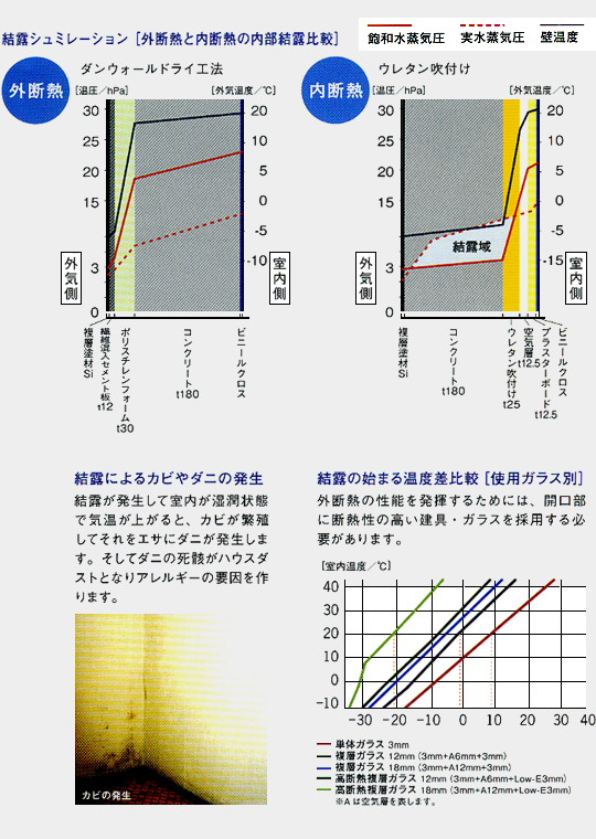 結露シミュレーション、結露によるカビやダニの発生、結露の始まる温度差比較